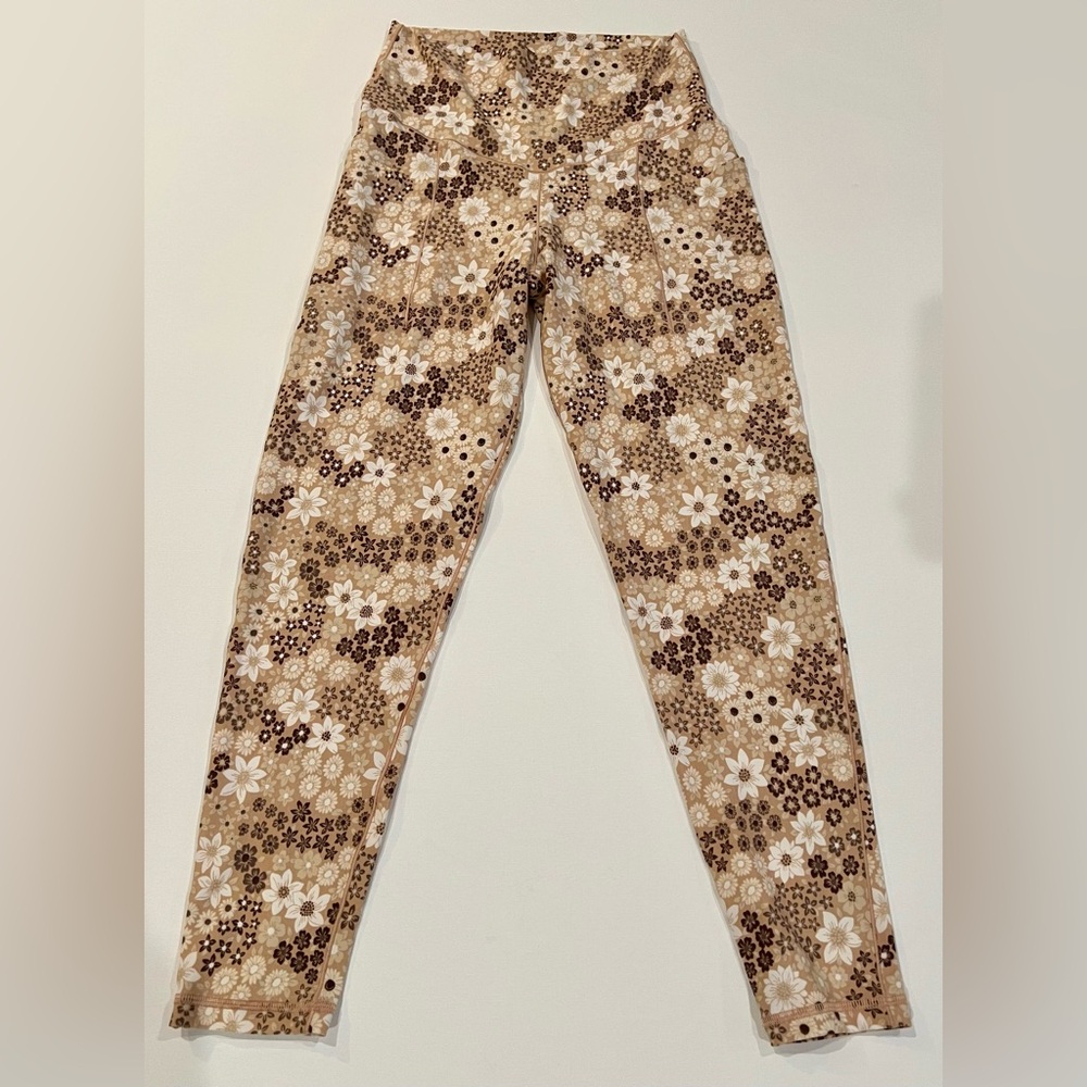 Aerie Real Me 7/8 Hi Rise Large Floral Print Pants in Brown and Cream